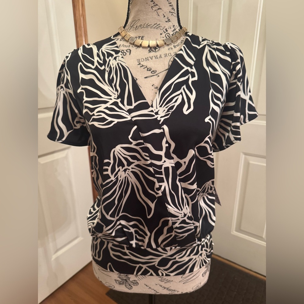 Nine West Black and White Flutter Sleeve Wrap Blouse